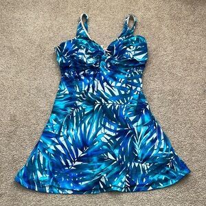 Lands' End Tropical Blue Underwire Swim Dress with Attached Bottom Swimsuit